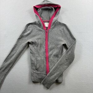Aeropostale Sweater Juniors Medium Gray Hooded Full Zip Heart Logo Knit Pink